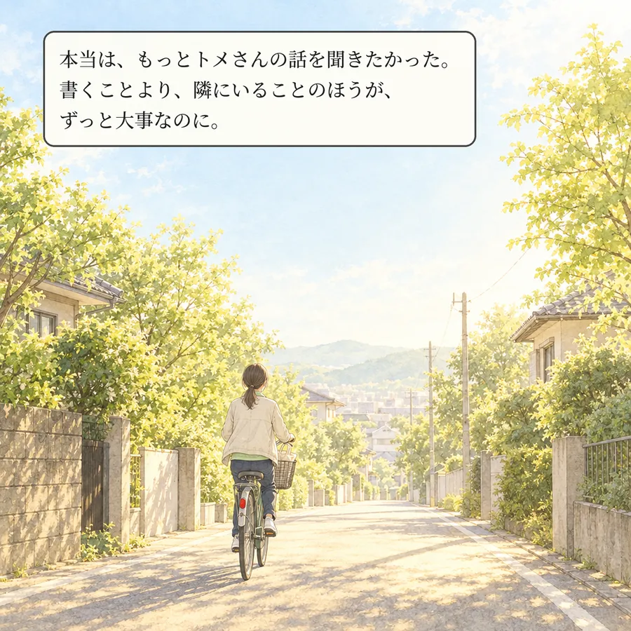 朝日の中、自転車で帰る春川さんの後ろ姿