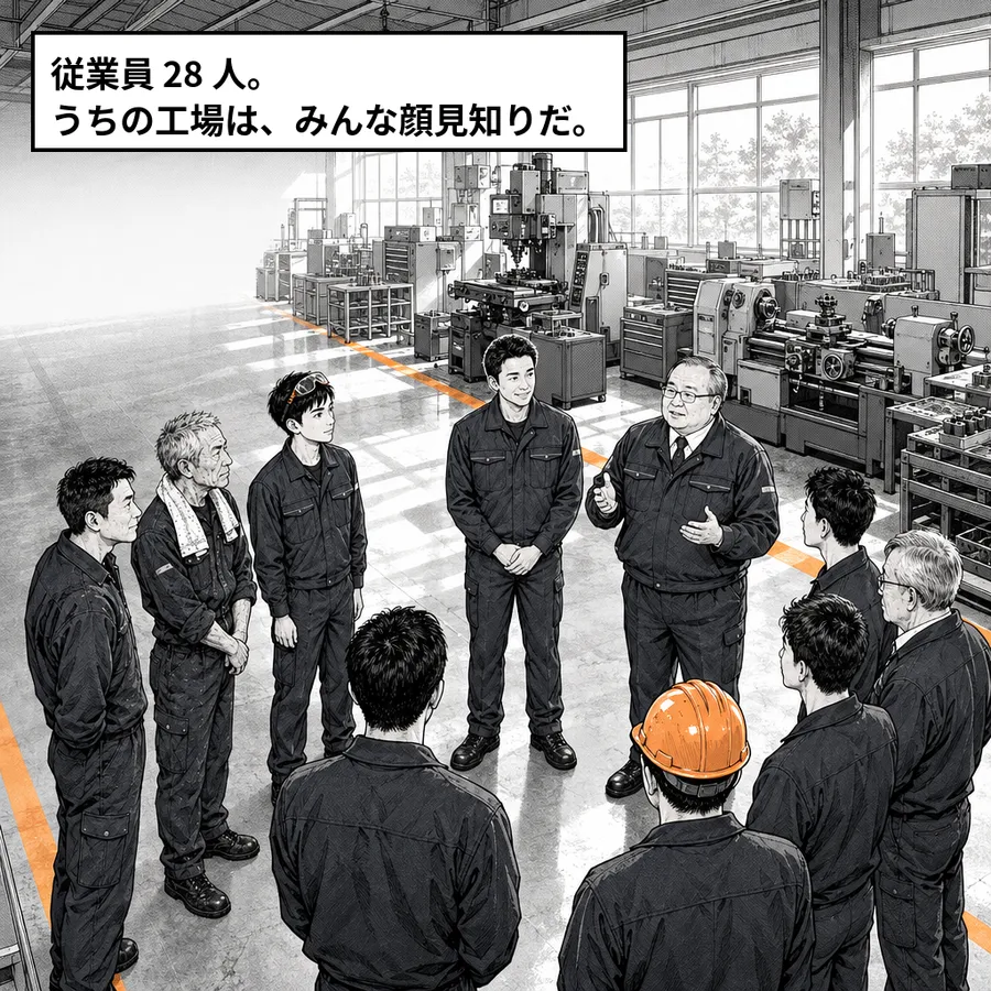 朝の朝礼。工場の中に作業着の人たちが集まっている