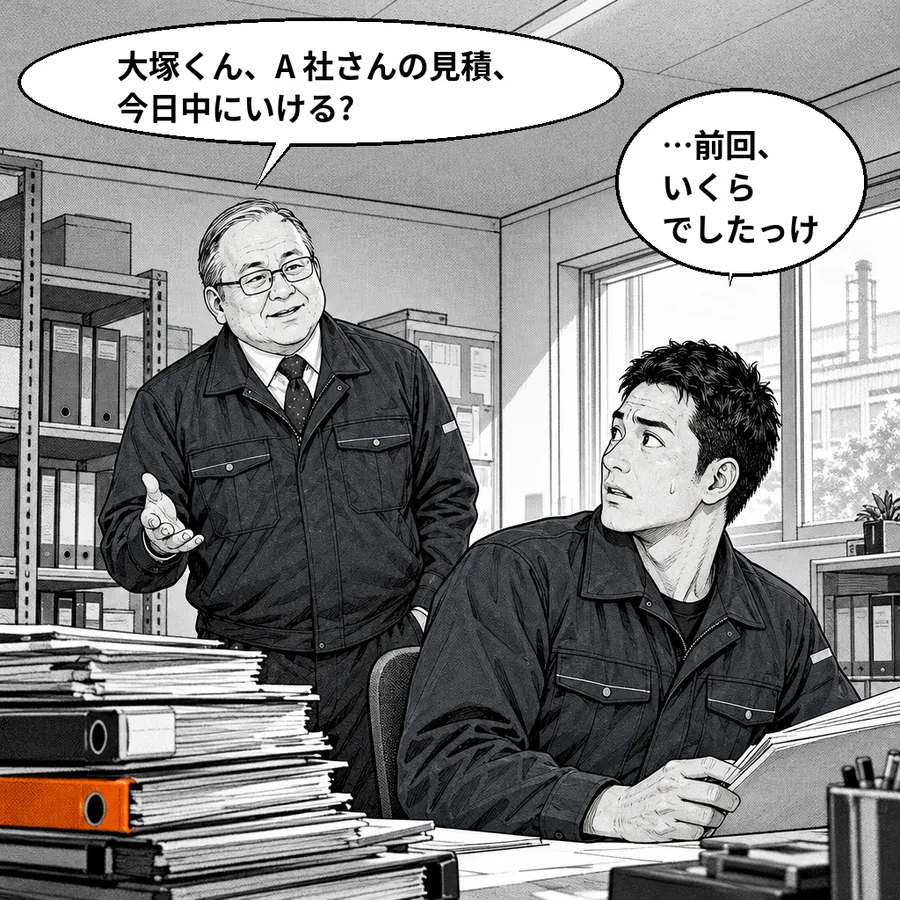 昼の事務所。社長が大塚さんに声をかける。机の上に過去の見積のファイルの山
