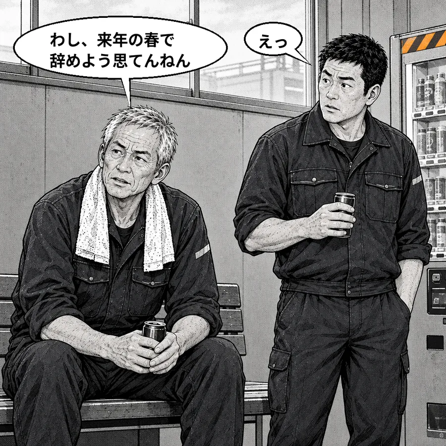 休憩所で缶コーヒーを持った松本さんと大塚さん