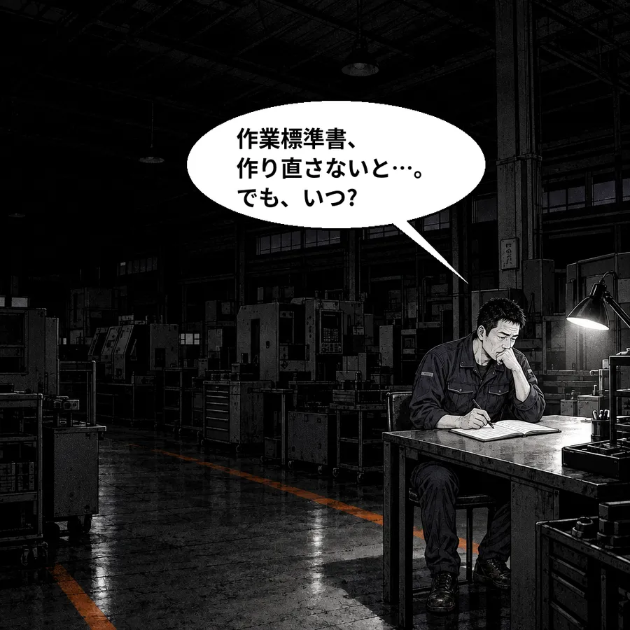 夜、誰もいない工場で、ノートを開いたまま手が止まっている大塚さん