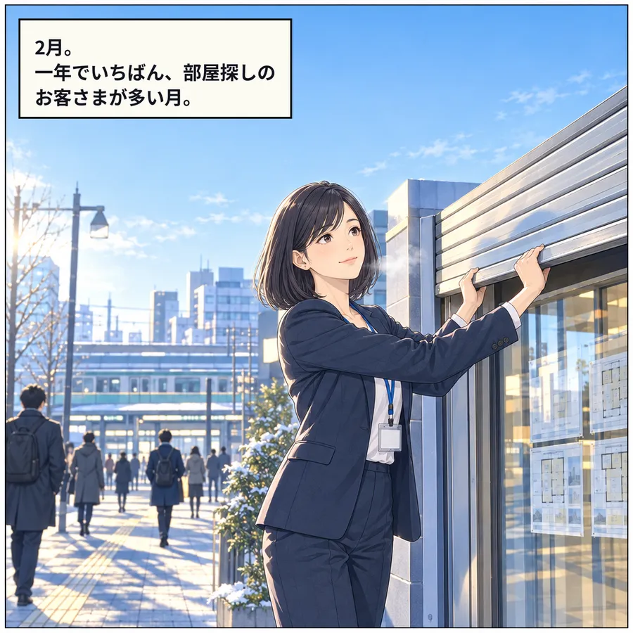 2 月の朝、駅前の不動産会社のシャッターを開ける森さん