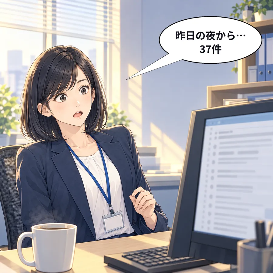 パソコンの前で目を丸くする森さん