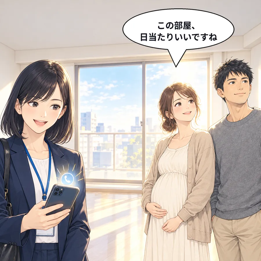 明るい空室を内見する夫婦と森さん。森さんのスマホに着信