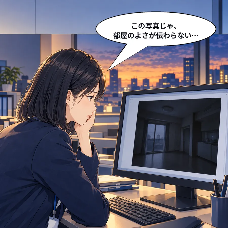 夕方、暗い写真の物件の資料を作る森さん