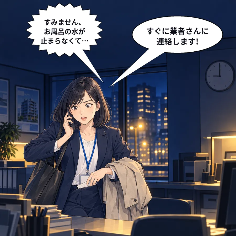 夜、帰り支度の途中で電話を受けて慌てる森さん