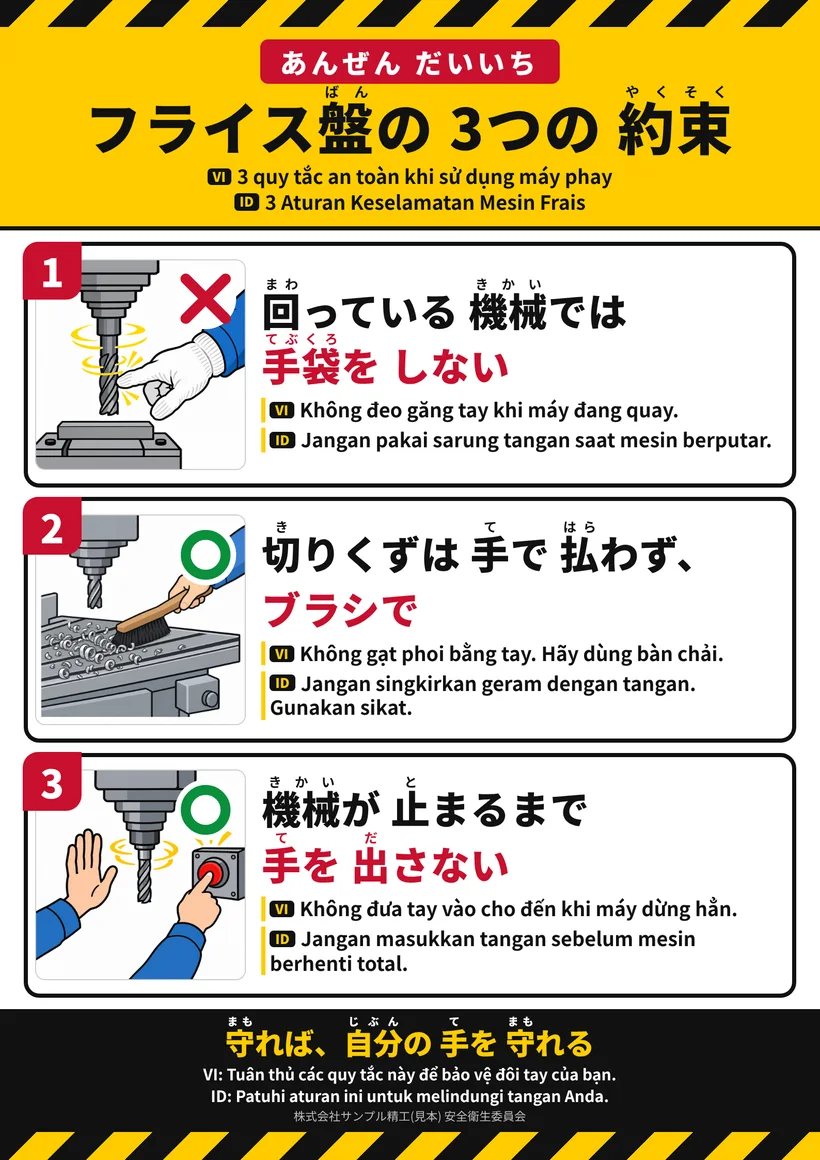 フライス盤の 3 つの約束のポスター。やさしい日本語・ベトナム語・インドネシア語と絵
