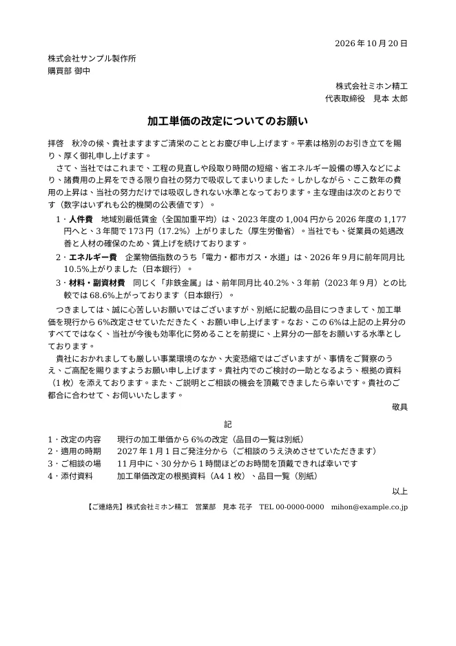 取引先あての単価の見直しのお願いの文書
