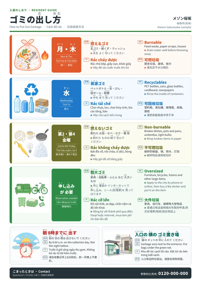 外国人の入居者向けのゴミの出し方の案内。4 つの言葉と絵